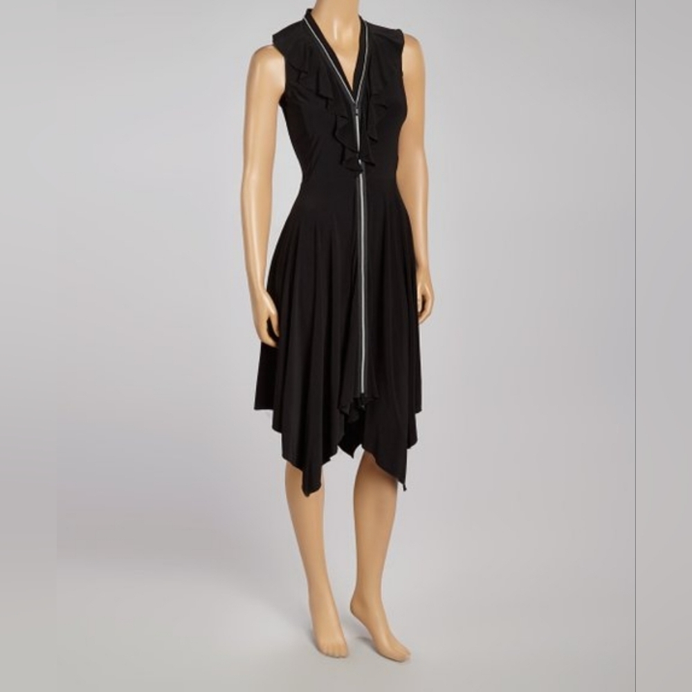 Samuel Dong Full Zip Handkerchief Hem Black Dress Sz S